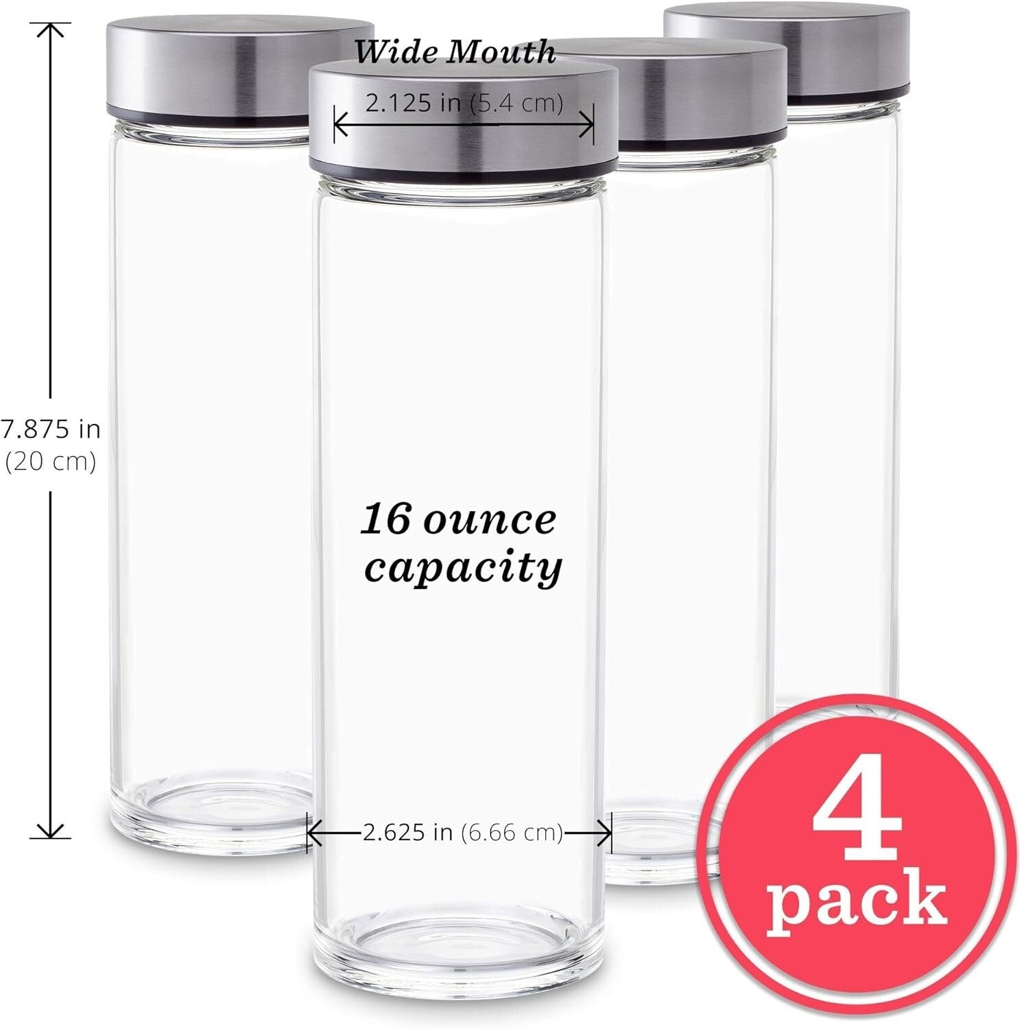 Reusable 16oz Wide Mouth Glass Bottles with Airtight Lids - 4 Pack for Juicing