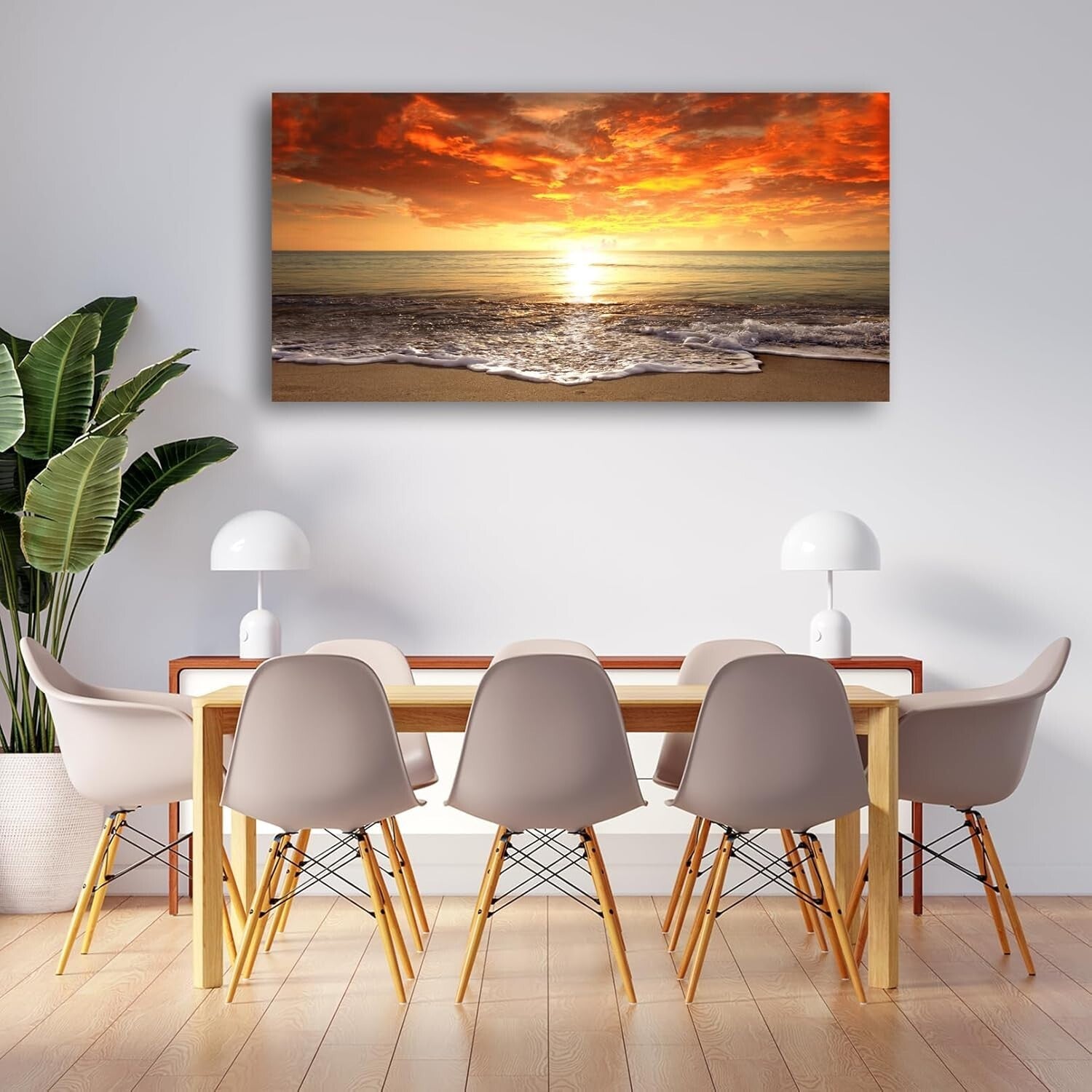 Elegant Framed Ocean Sunset Giclee Artwork - Ready to Hang 20x40 Inch Canvas