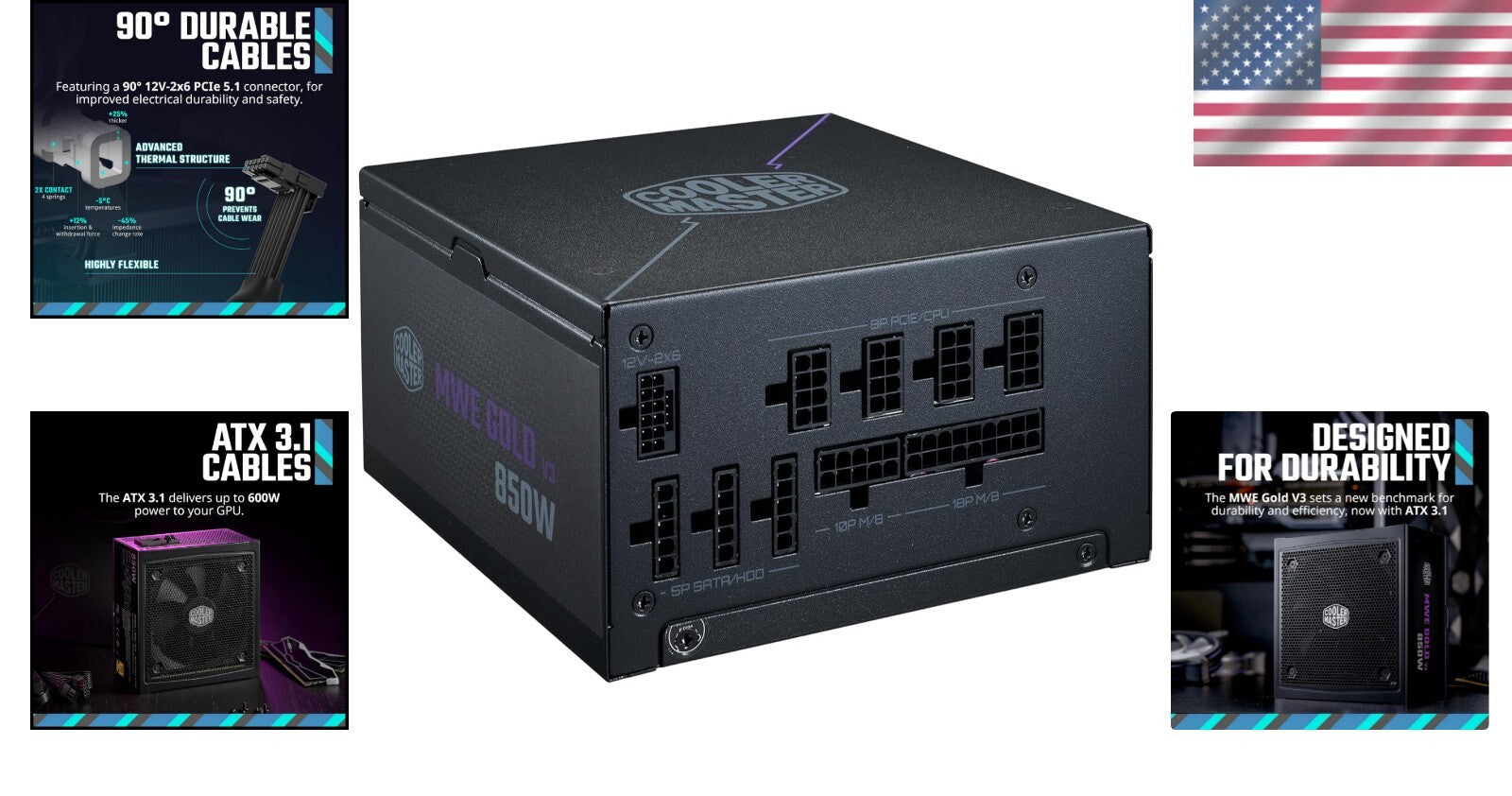 Efficient MWE Gold 850W ATX 3.1 PSU with Hexagonal Fan - Ideal for RTX 4090