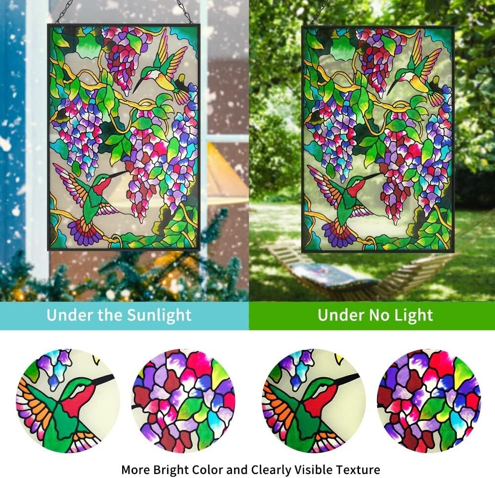 Unique 10" W x 15" H Hummingbird Stained Glass with Hanging Chain - Ideal Gift