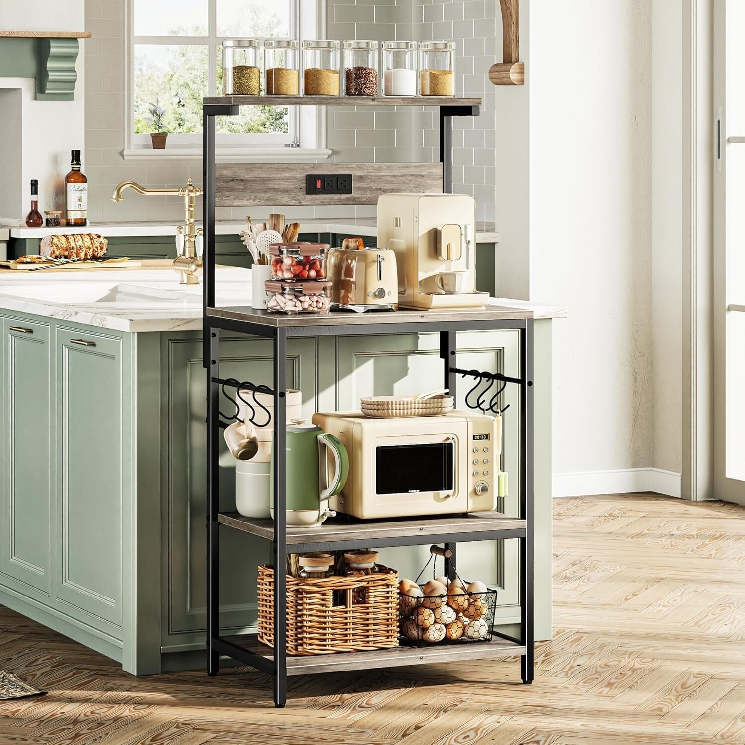 Versatile Kitchen Bakers Rack with Power Outlets & 6 Hooks for Easy Organization