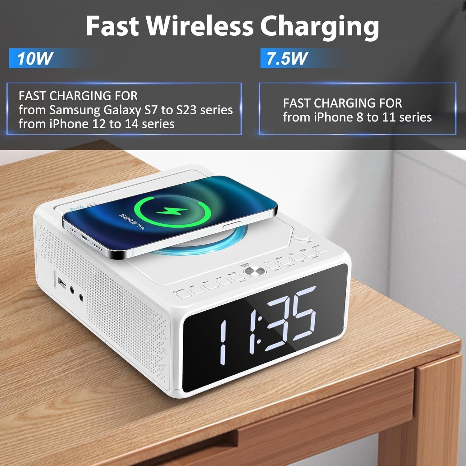 Dual Alarm CD Player Clock with FM Radio & 10W Fast Wireless Charging