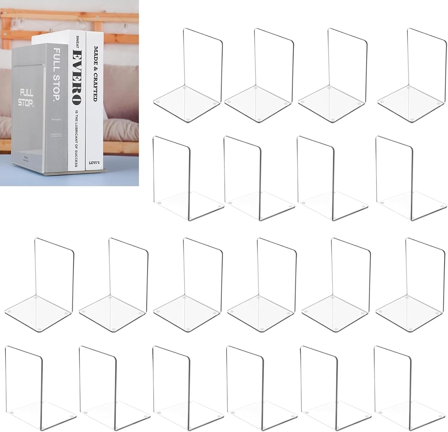 Elegant Transparent Book Stoppers for Neat Shelving - 20-Pack Acrylic Bookends