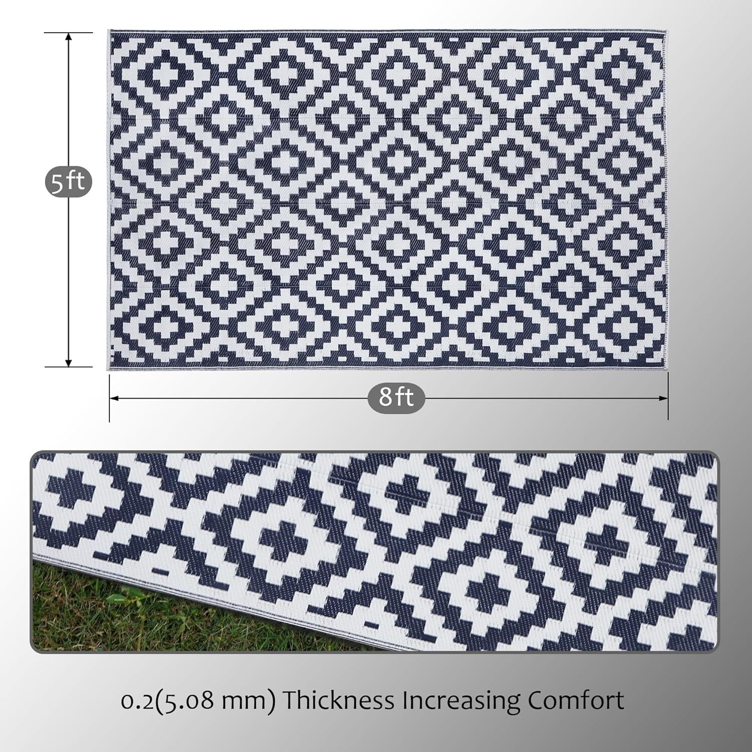 Sophisticated Dark Blue & White 5' x 8'' Outdoor Rug - UV Stabilized Design