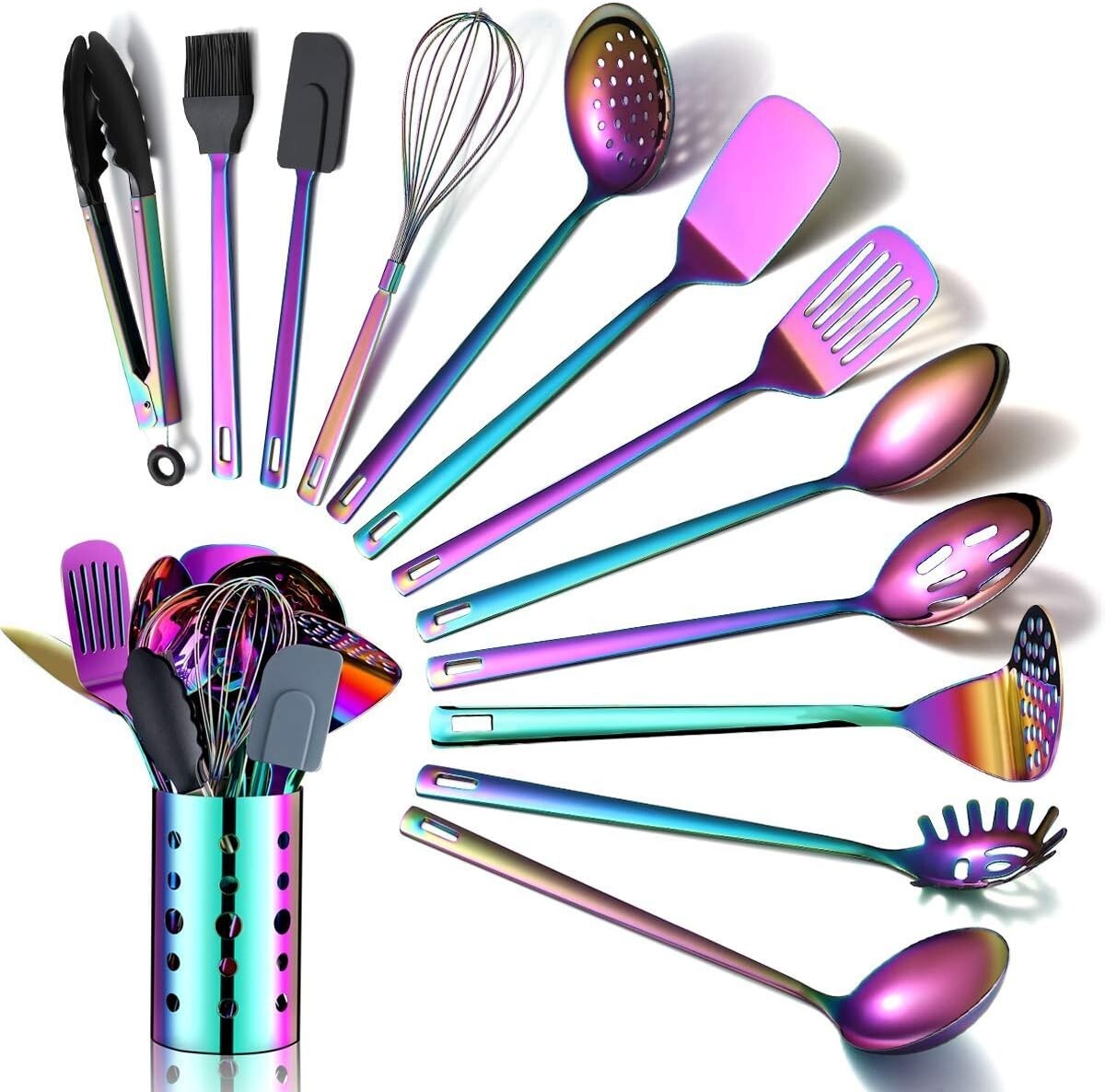 Durable Rainbow Kitchen Utensils Set - 13 Stainless Steel Pieces for All Cooking