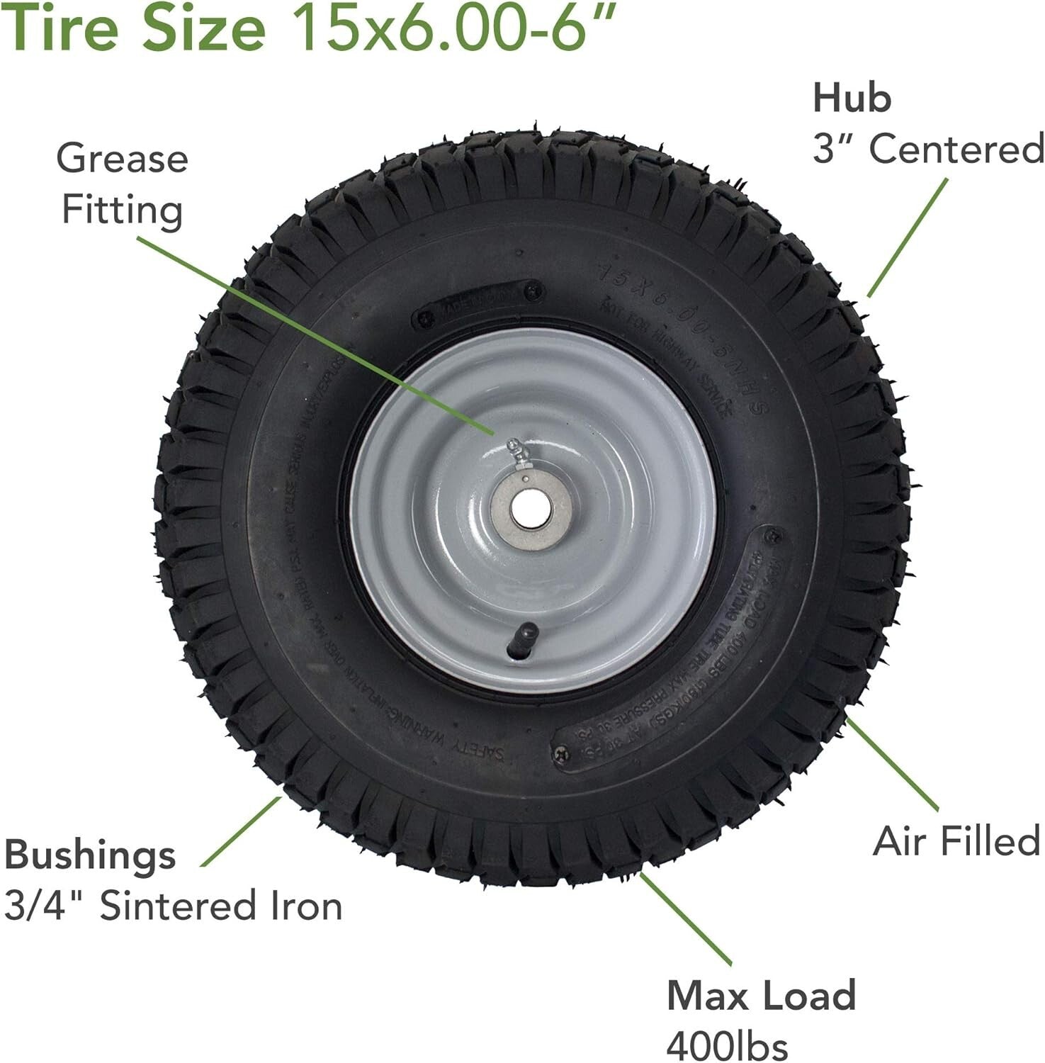 2-Pack 15x6.00-6 Replacement Tire Assembly for Husqvarna Mowers - Durable 4-Ply