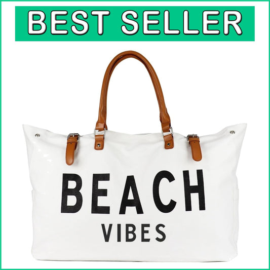 Extra Large Waterproof Beach Bag with Vegan Leather Handle - 'Beach Vibes' Charm