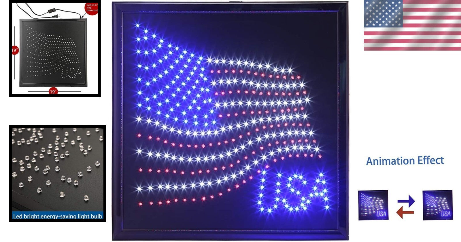 Animated LED American Flag Sign - 19x19 Inch Wall Decor for Patriotic Displays