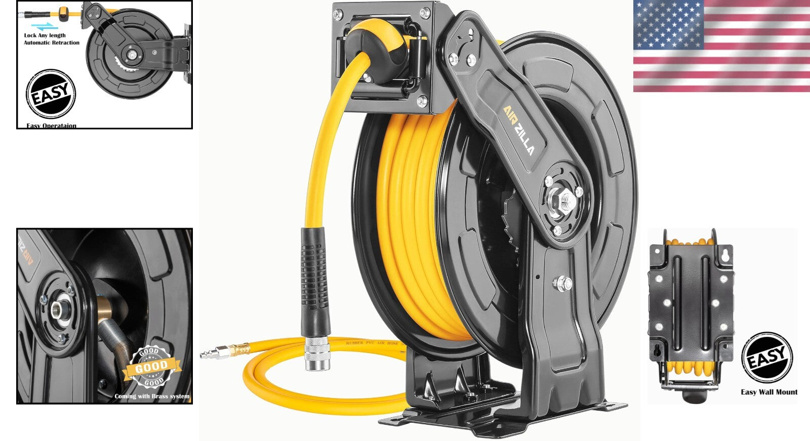 Versatile Dual Arm Air Hose Reel with 65FT Hose – Automatic Rewind & Lock System