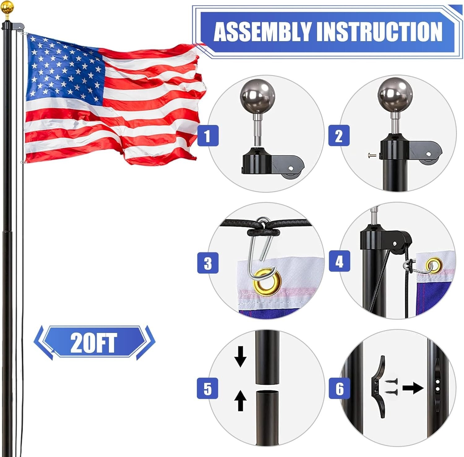 Sturdy 20FT Aluminum Flag Pole Kit with Golden Ornament & Durable Accessories