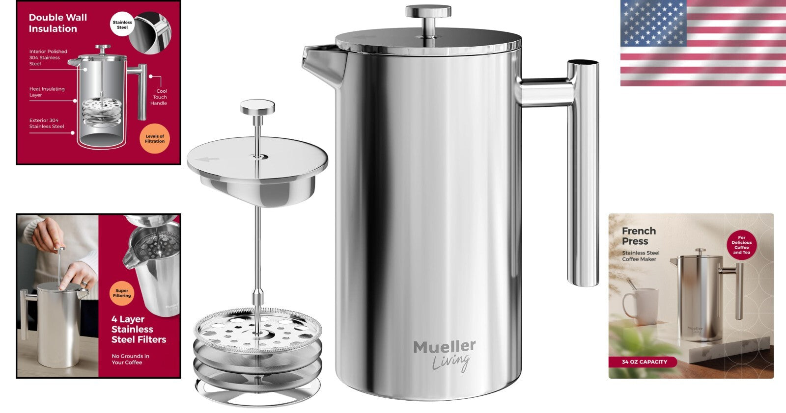 34oz Stainless Steel French Press with 4-Level Filtration for Rich Coffee Flavor