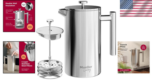 34oz Stainless Steel French Press with 4-Level Filtration for Rich Coffee Flavor