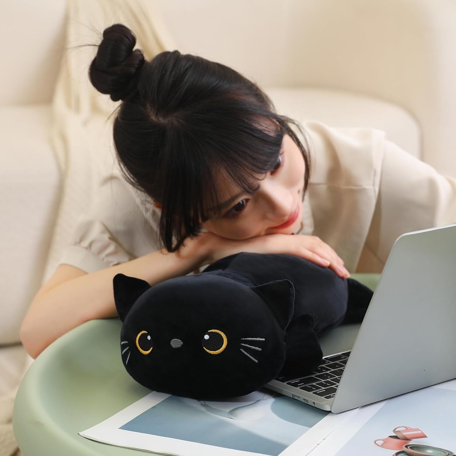 Charming 23.6 Inch Weighted Black Cat Plush Toy & Pillow - Perfect Gift!