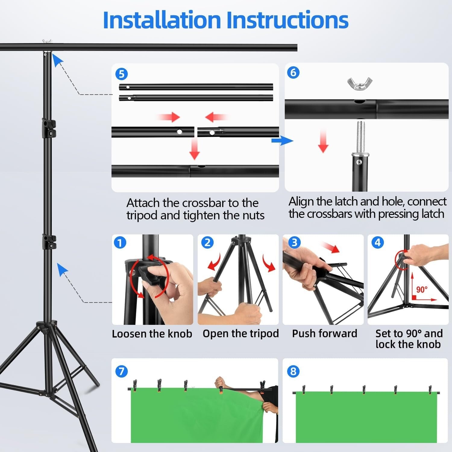 Adjustable Blue and Green Screen Stand Kit for Photography & Video, 59x78 Inches