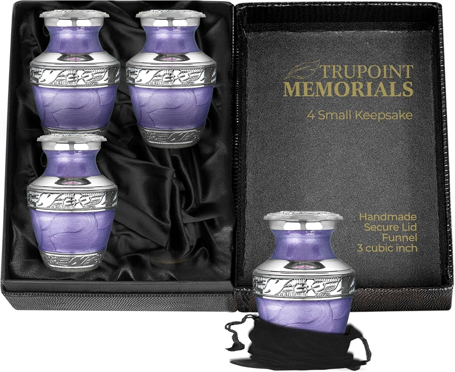 Versatile Small Urns for Ashes - Elegant Purple Brass Set of 4 with Velvet Bags