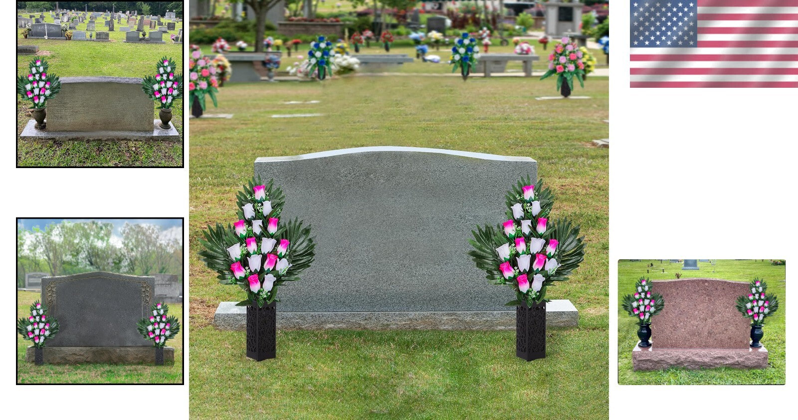 Elegant 2 Set Artificial Cemetery Flowers with Long Nail Vases - Pink & White