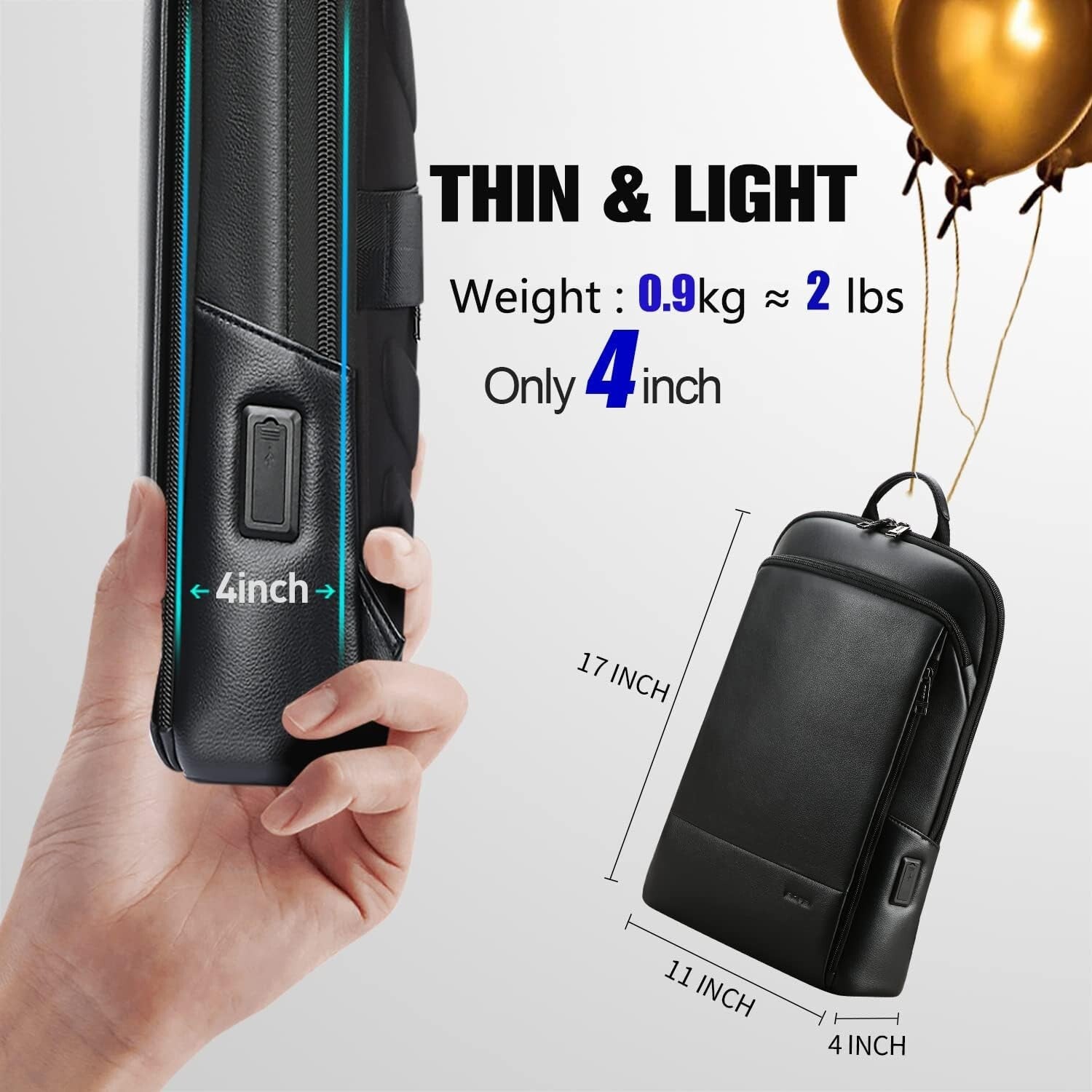 Elegant Black Leather Laptop Rucksack with USB Charging & Hidden Zipper Security