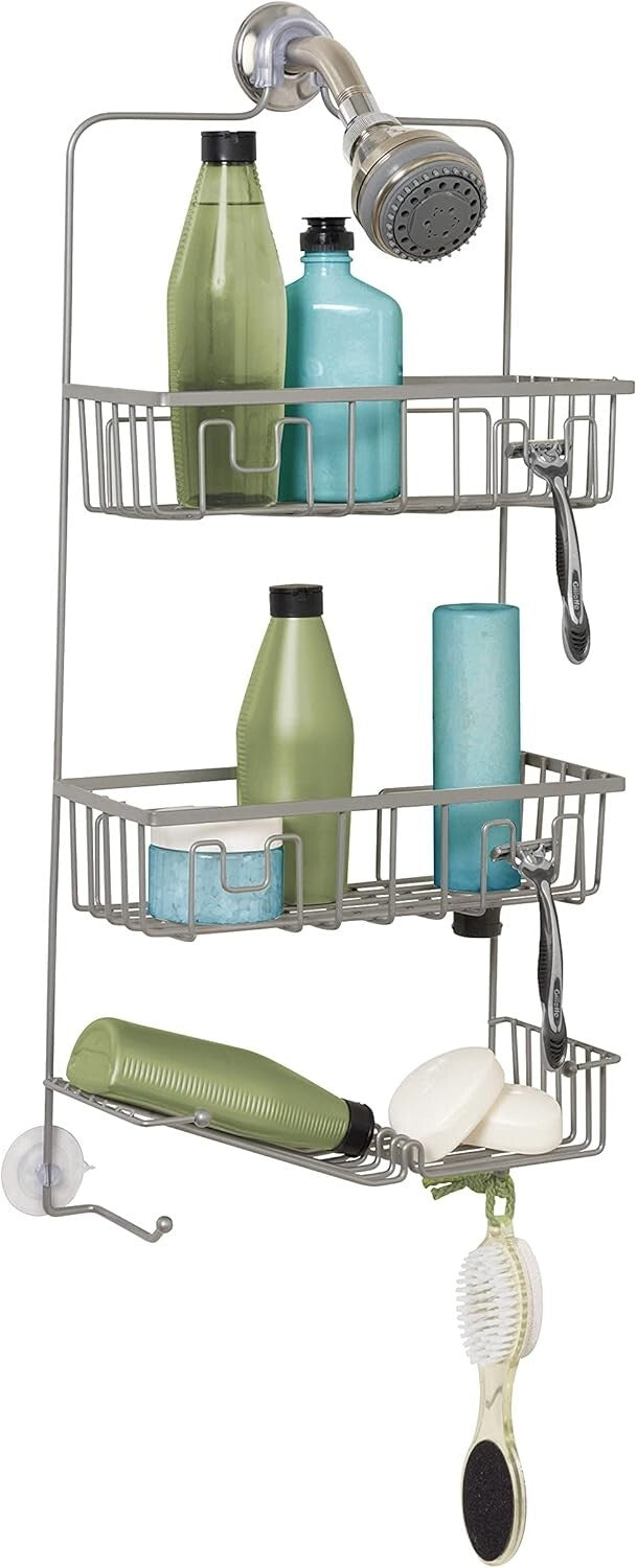 Easy-to-Install Satin Nickel Shower Caddy with 3 Compartments & Hooks