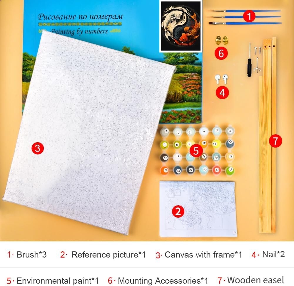 Koi Fish Paint by Numbers Kit - 16x20 Inch Framed Yin Yang Design for Beginners