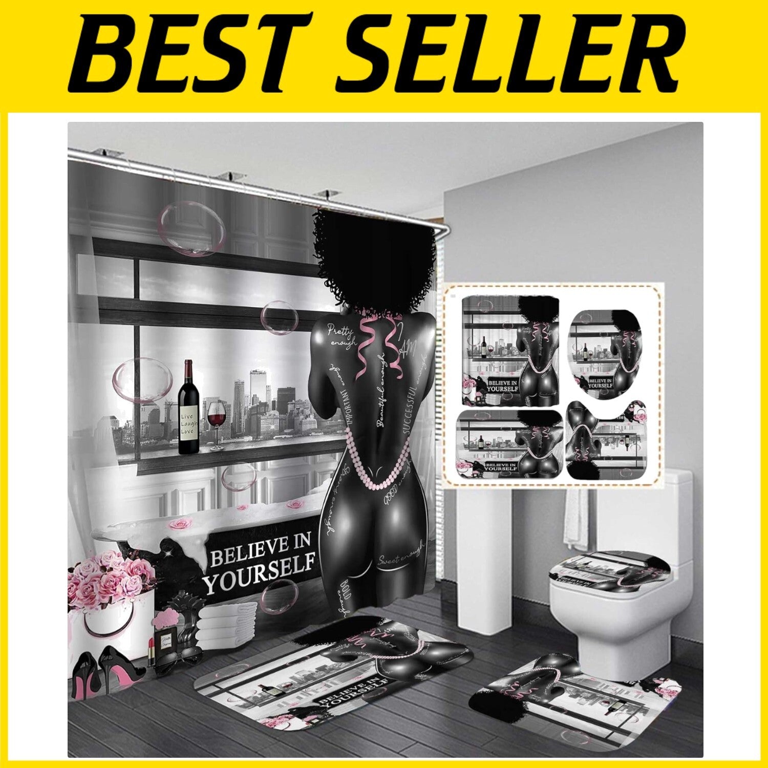 4PCS African American Shower Curtain & Rug Set - Inspiring 'I Am Enough' Design