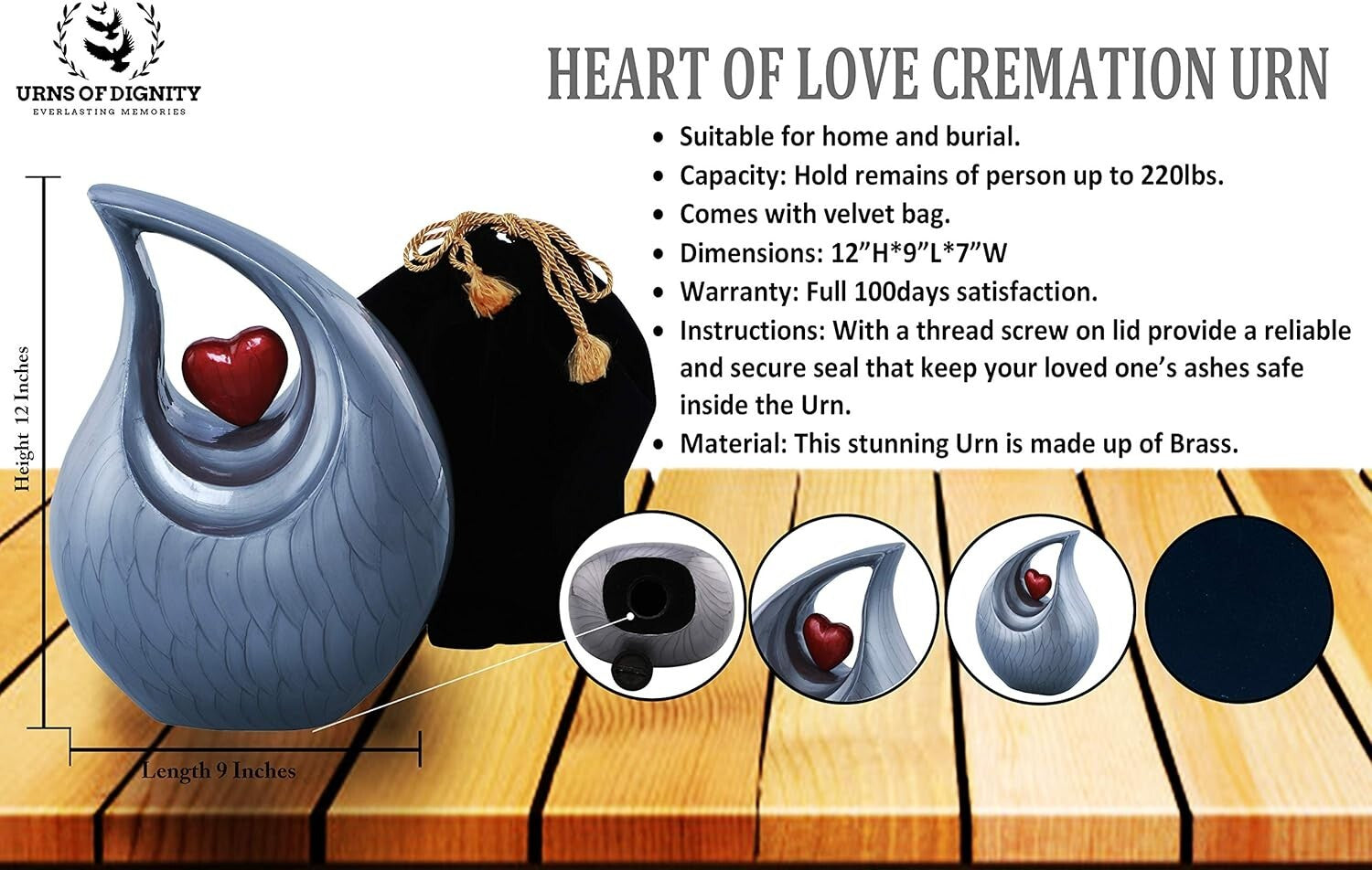 Heart of Love Cremation Urn - Elegant Memorial for Adult Ashes, 220 Cubic Inches