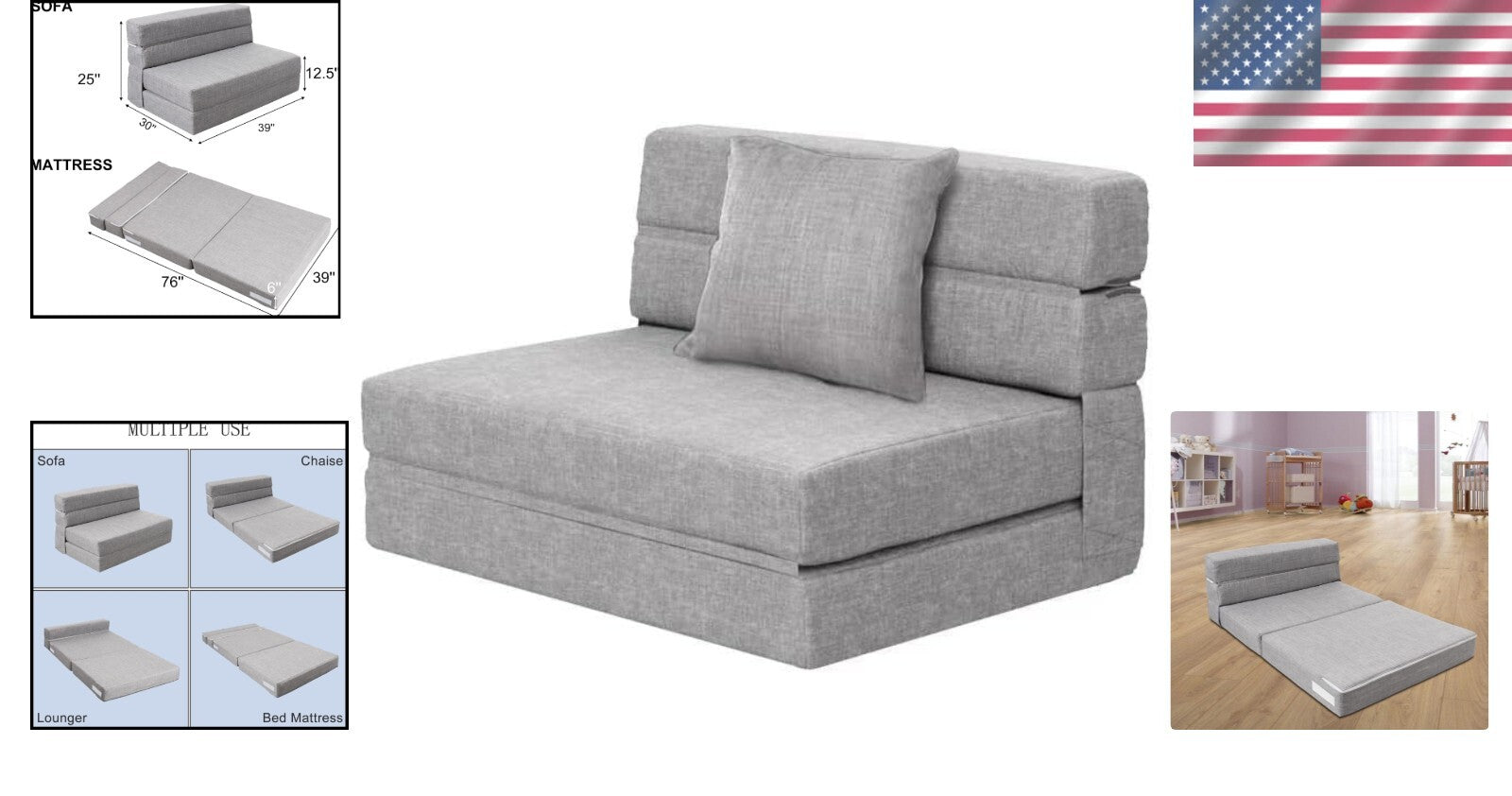 Ergonomic Space-Saving Twin Sleeper Sofa Bed in Light Gray - Perfect for Guests