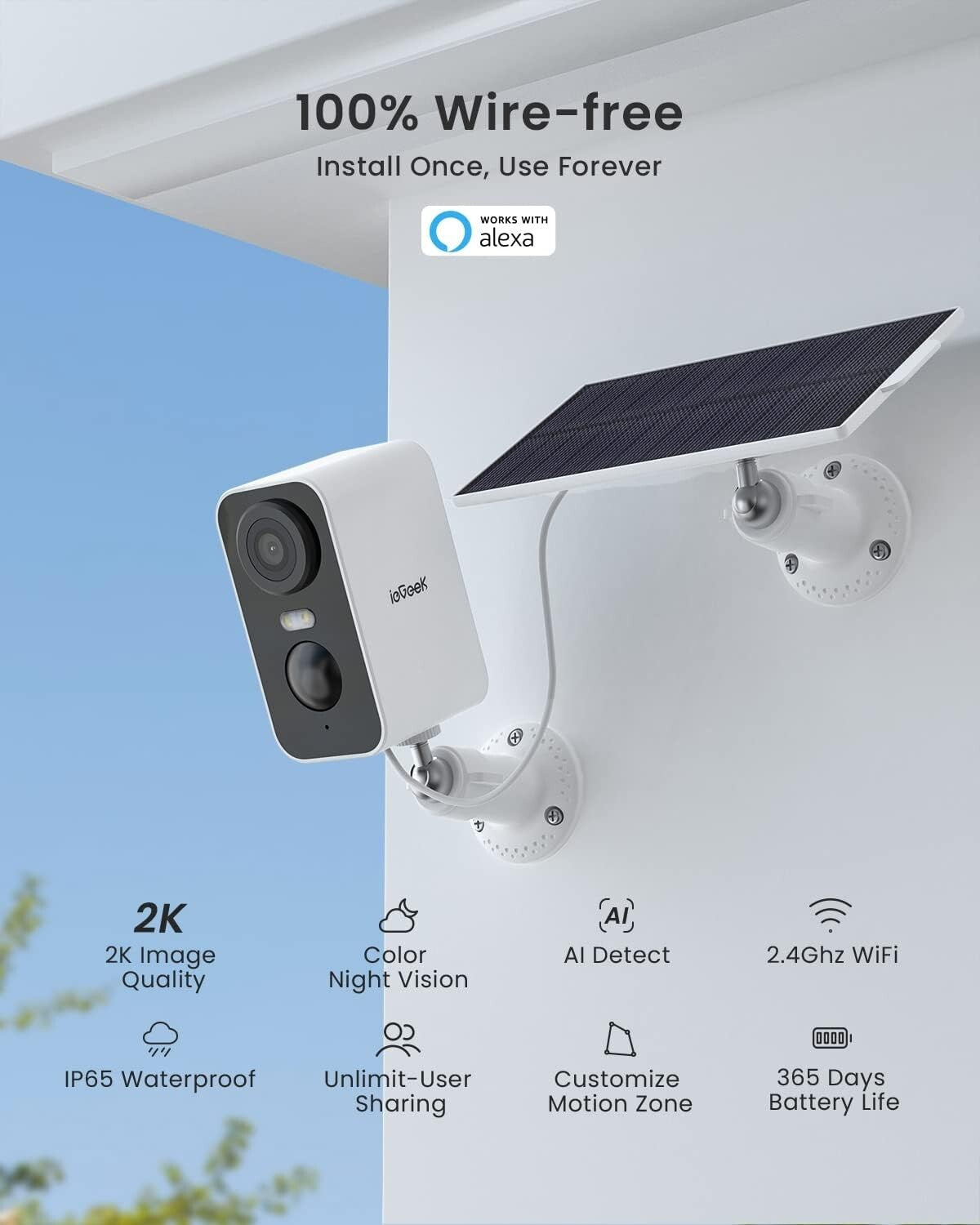 2K Wireless Solar Security Camera with Color Night Vision & Motion Alerts