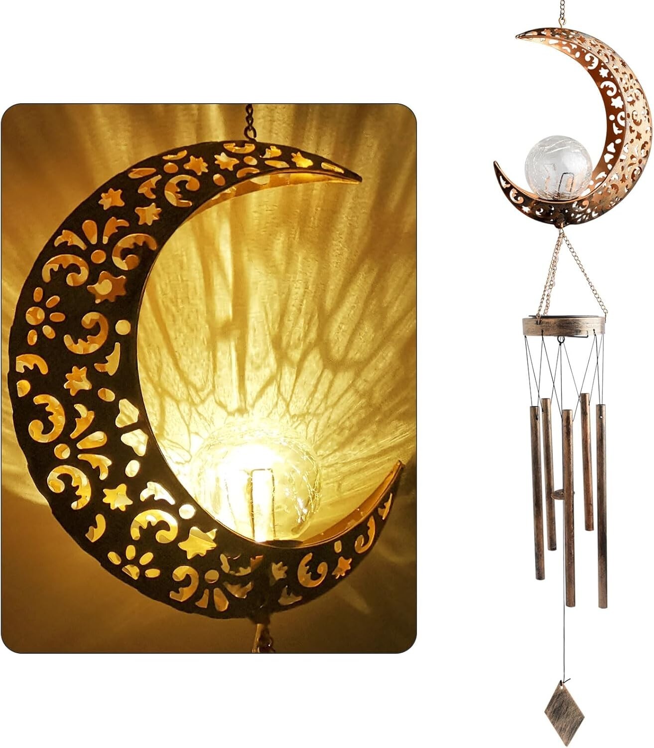 Crystal-Embellished Moon Wind Chimes - Solar Outdoor Decor for All Occasions