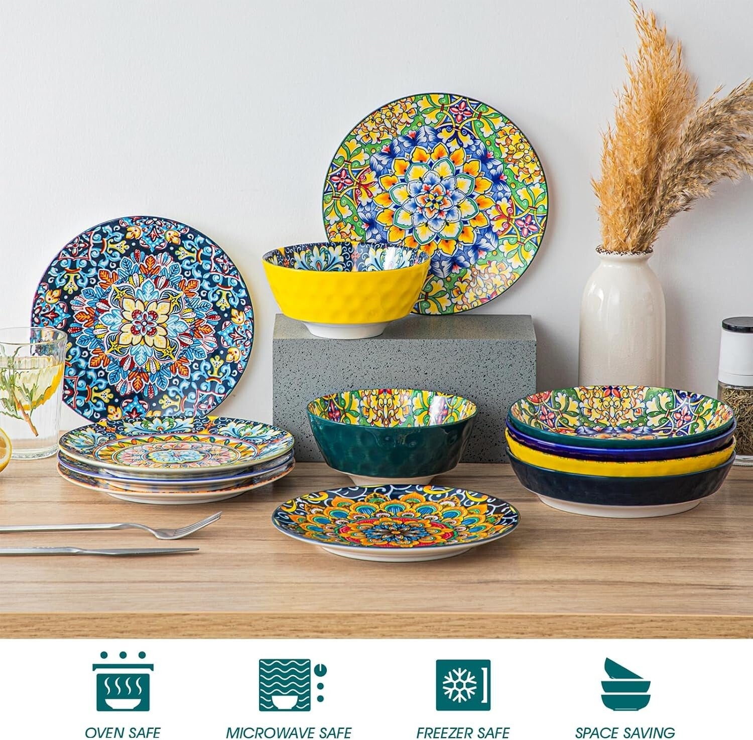 Artistic Bohemian Plate Set of 6 - 8.5-Inch Ceramic Dinnerware for All Occasions