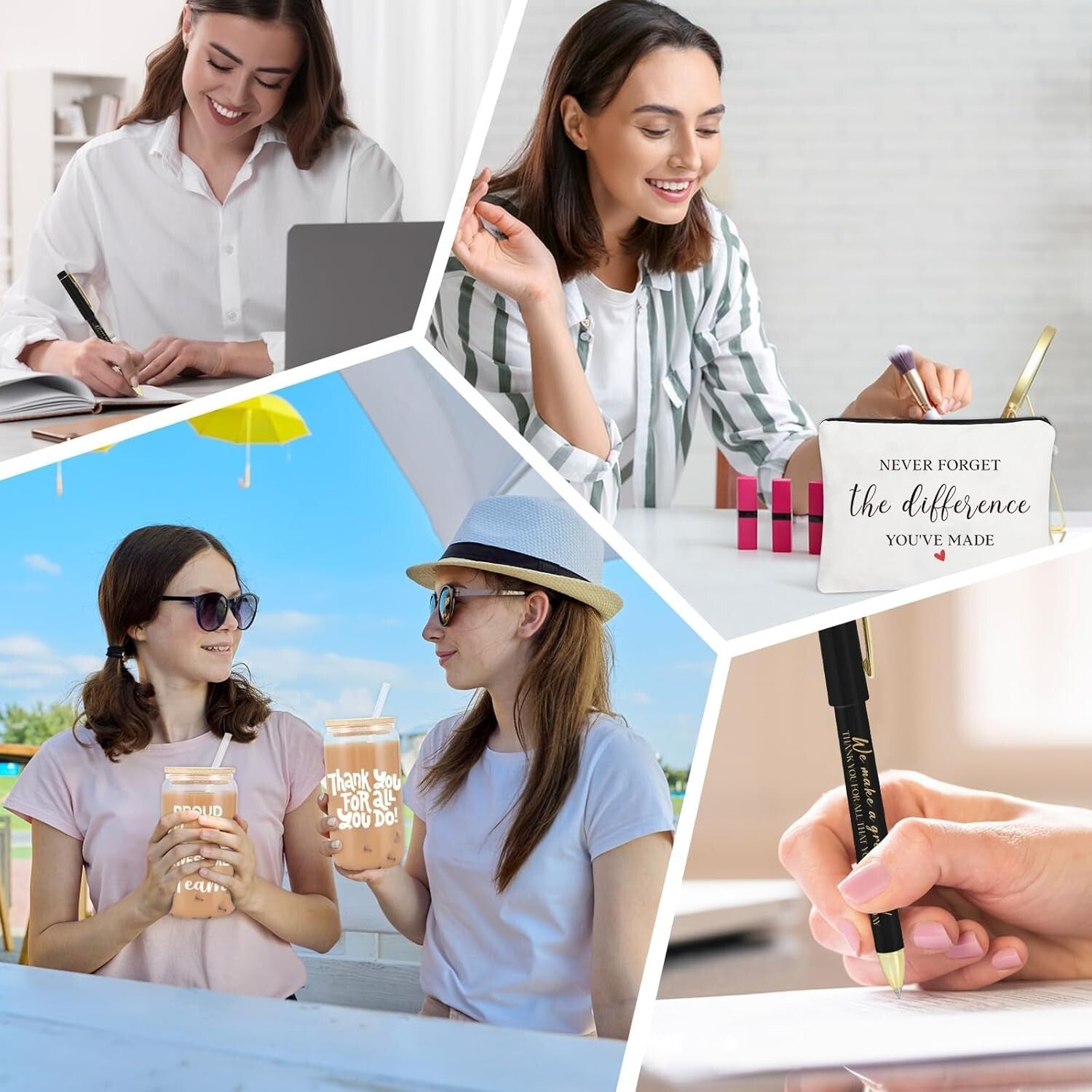 Thank You Gift Set - 12 Glass Cups, Makeup Bags & Pens for Employees, Teachers