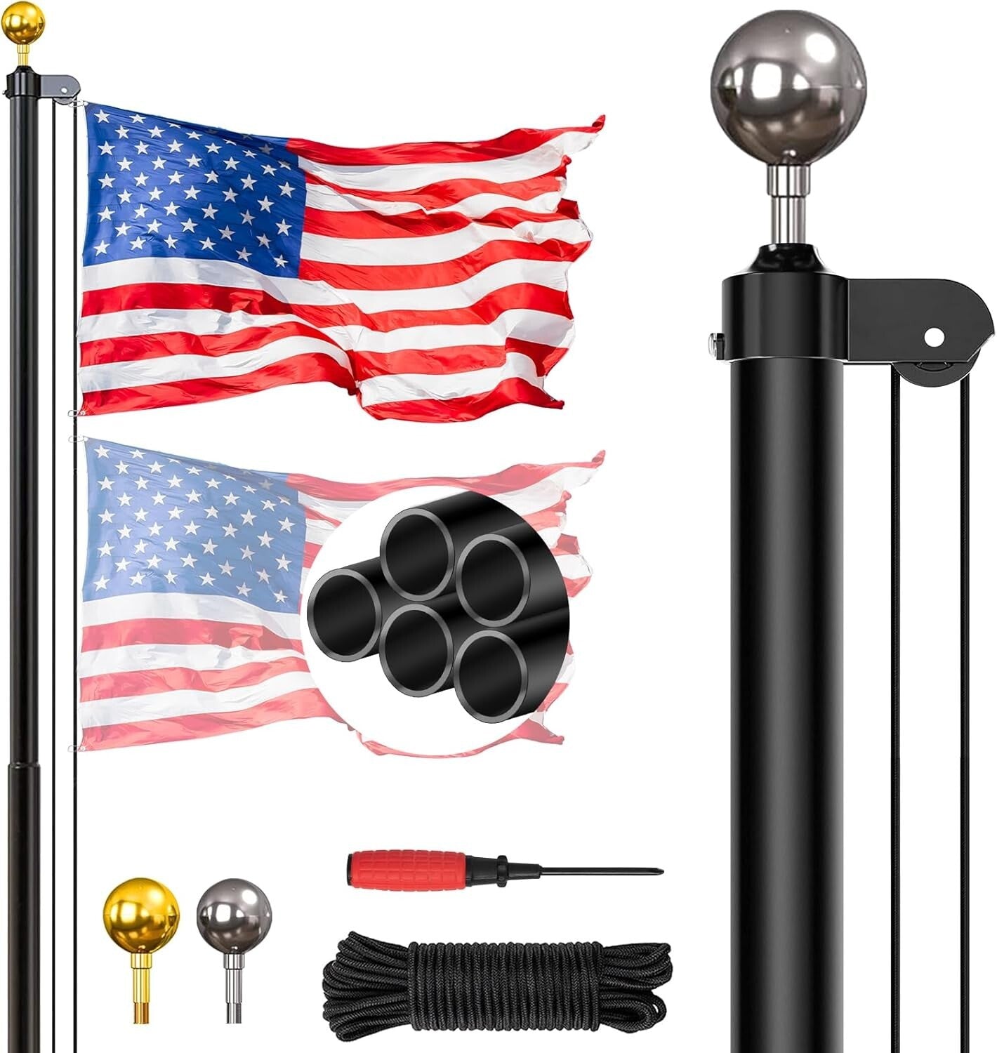 Sturdy 20FT Aluminum Flag Pole Kit with Golden Ornament & Durable Accessories