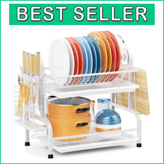 Durable Stainless Steel Dish Drying Rack - 2 Tiers with Utensil & Knife Storage