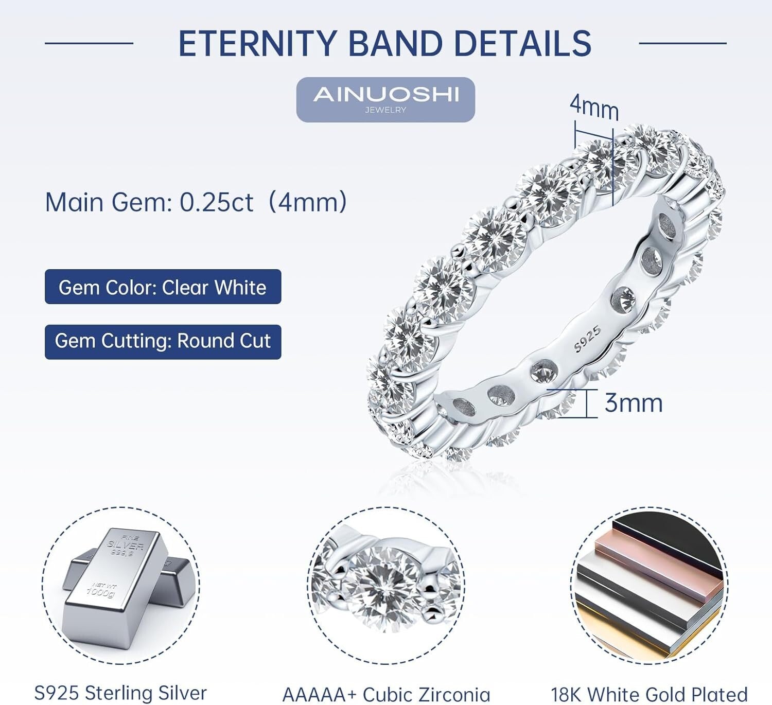Gorgeous Hypoallergenic Eternity Ring in Genuine 925 Silver - Multiple Sizes