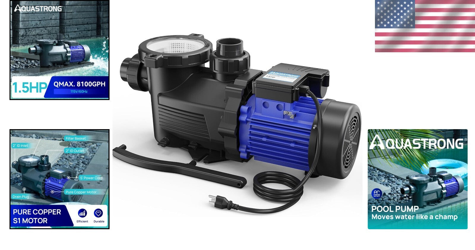 Efficient 1.5HP In/Above Ground Pool Pump - Plug and Play, Low Maintenance