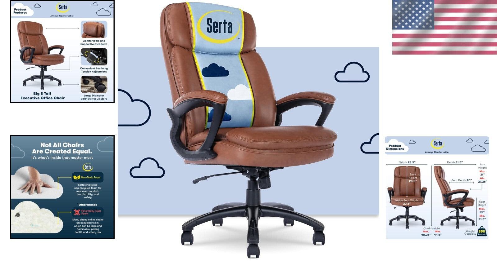 Cognac Executive Chair for Big and Tall - Adjustable Height & Neck Support