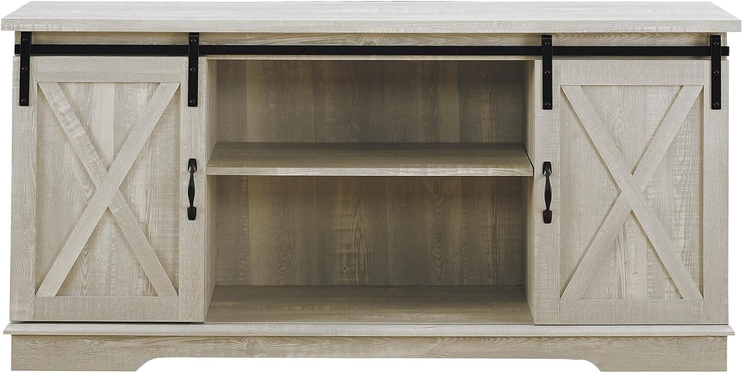Charming 58-Inch Stone Grey TV Stand with Sliding Doors and 3 Adjustable Shelves