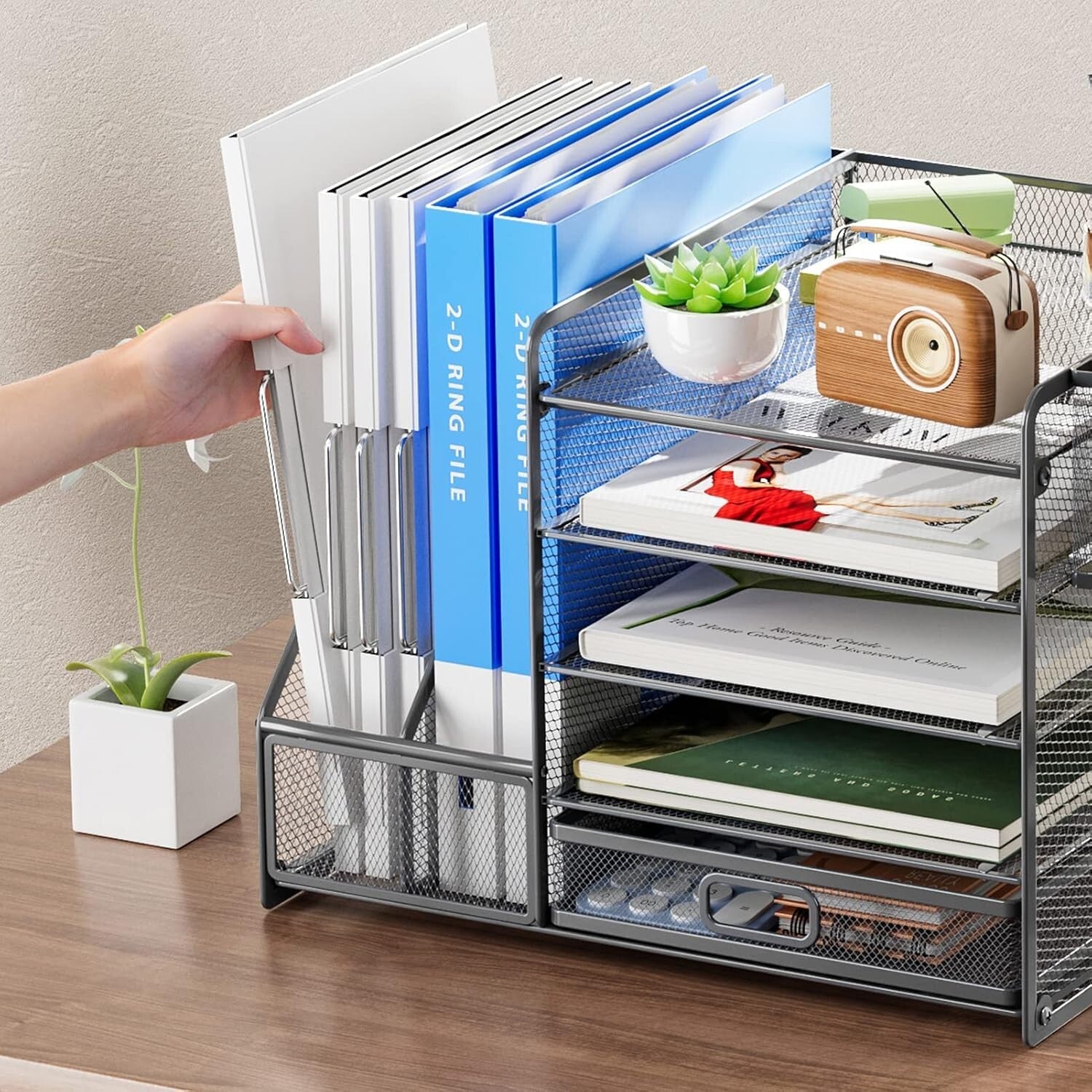 Modern Grey Paper Letter Tray Organizer with Sliding Trays and Drawer for Office