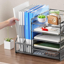 Load image into Gallery viewer, Modern Grey Paper Letter Tray Organizer with Sliding Trays and Drawer for Office