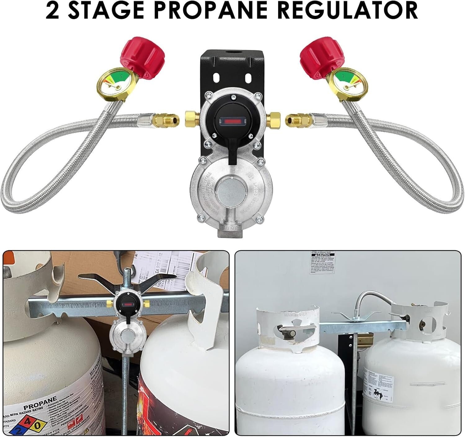 Efficient RV Propane Regulator with No-Interrupt Changeover & 18" Braided Hoses