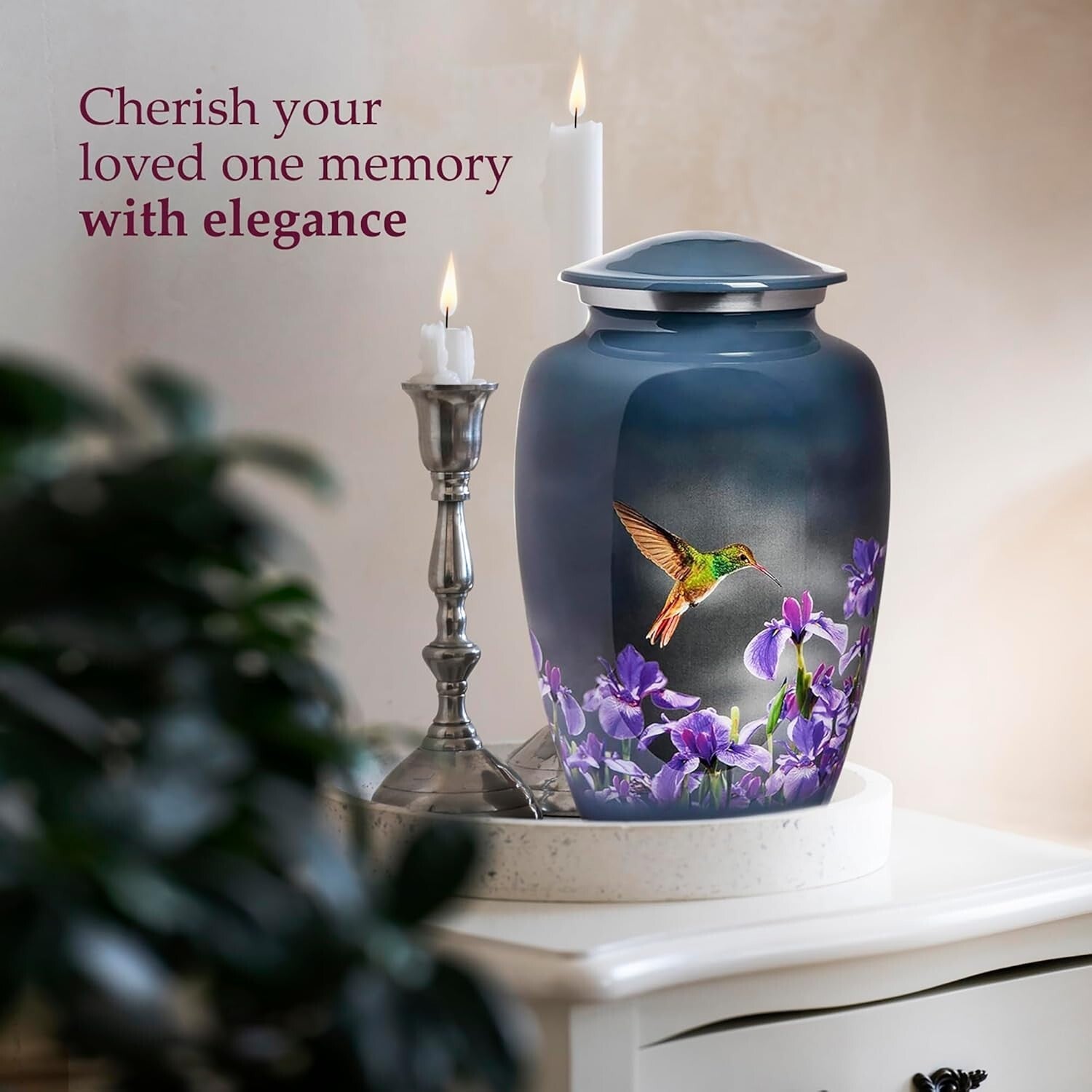 Large Decorative Burial Urn for Human Ashes - 200LB Capacity, Gray Hummingbird