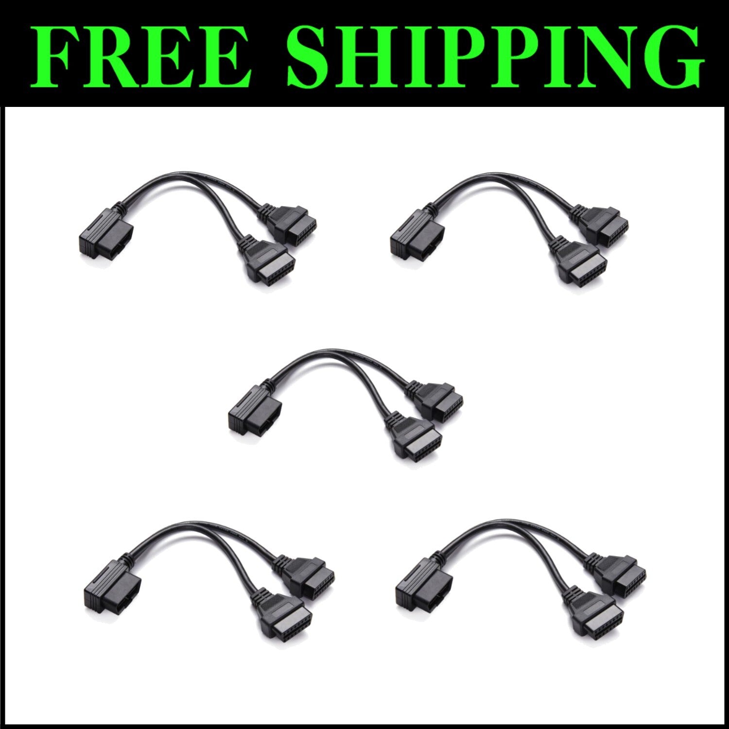 Compact 1FT Right Angle OBDII Y Cable - 16pin Male to Dual Extensions, 5-Pack