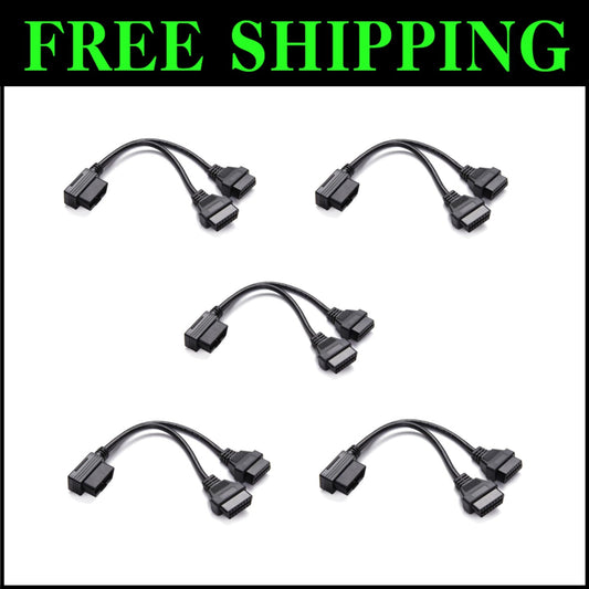 Compact 1FT Right Angle OBDII Y Cable - 16pin Male to Dual Extensions, 5-Pack
