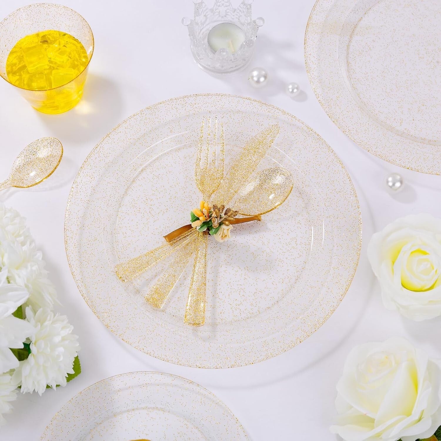 Elegant 700-Piece Disposable Gold Glitter Plates, Cups & Silverware Set