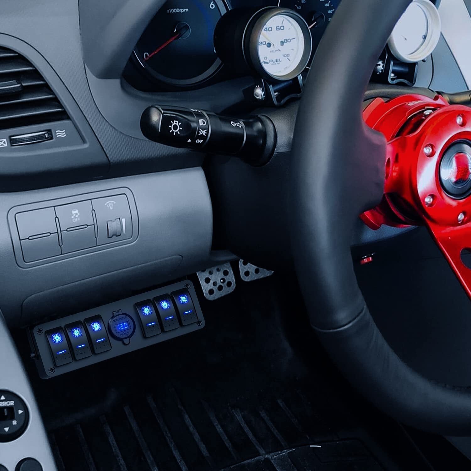 All-in-One 6 Gang SPST Rocker Switch Box with Dual USB & Integrated Voltmeter