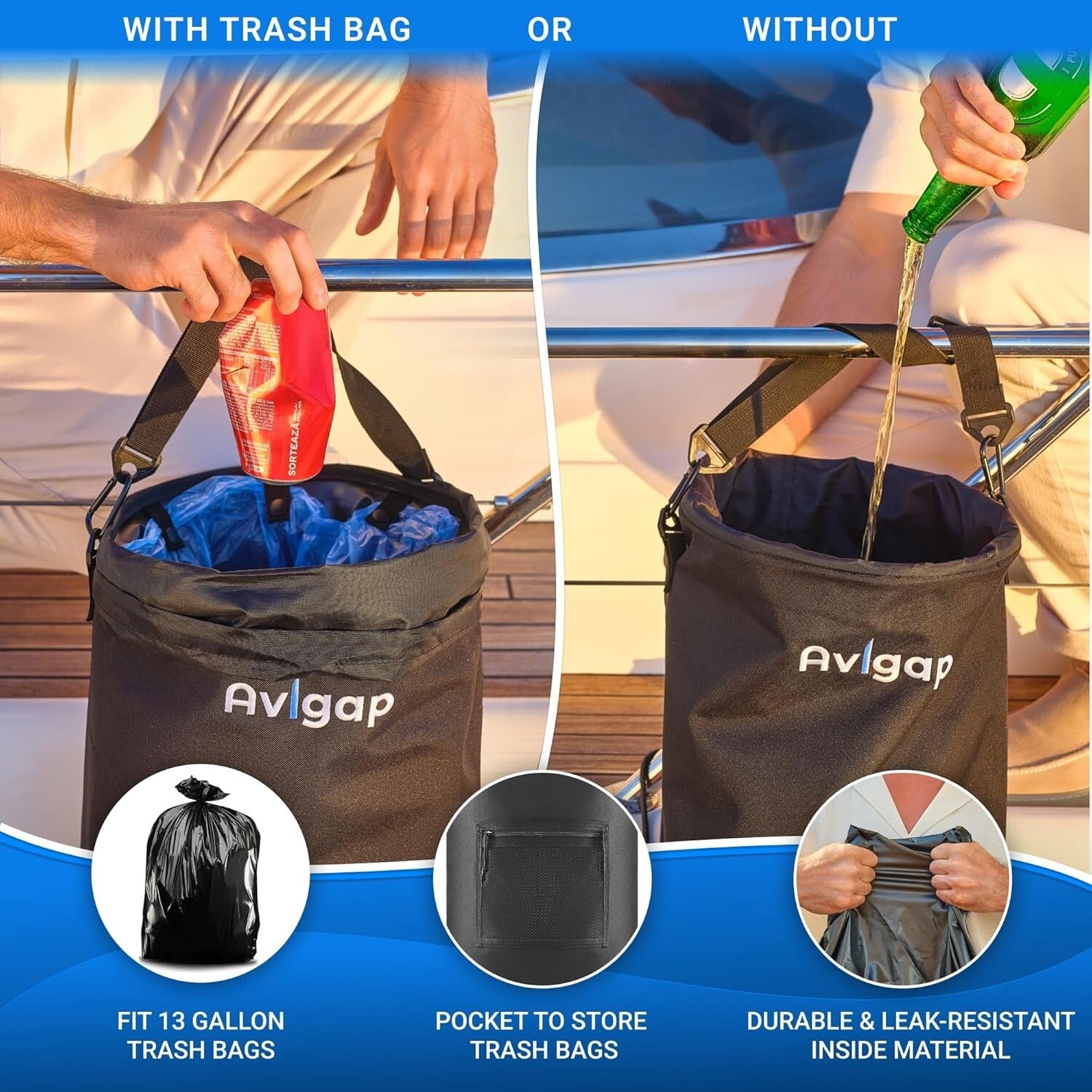 Portable 10-13 Gal Boat Trash Can - Leak Resistant with Easy Storage Options