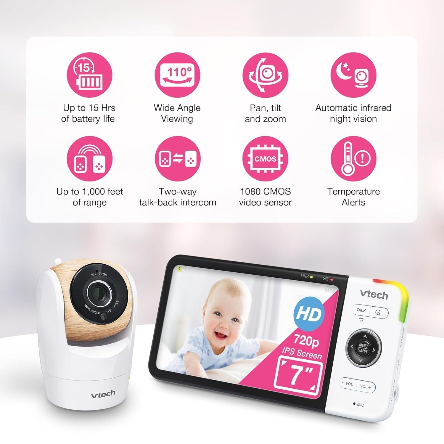 Baby Monitor with 7" Screen, Pan & Tilt Cameras, 1000ft Range - Ultimate Safety