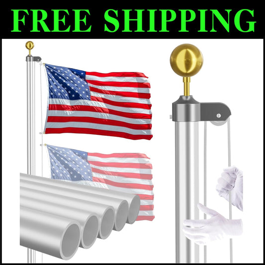 20 FT Heavy Duty Aluminum Flag Pole Kit with 3x5 American Flag - Silver Finish