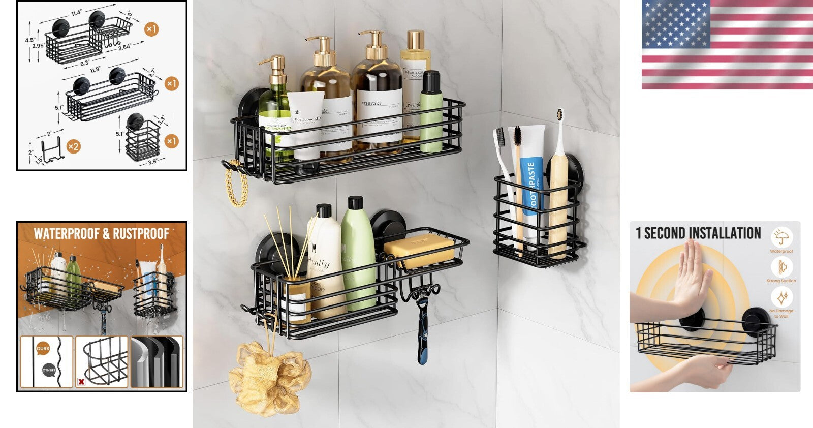 Fast-Drain 22lb Capacity Shower Caddy - Rustproof Suction Cup Storage Solution