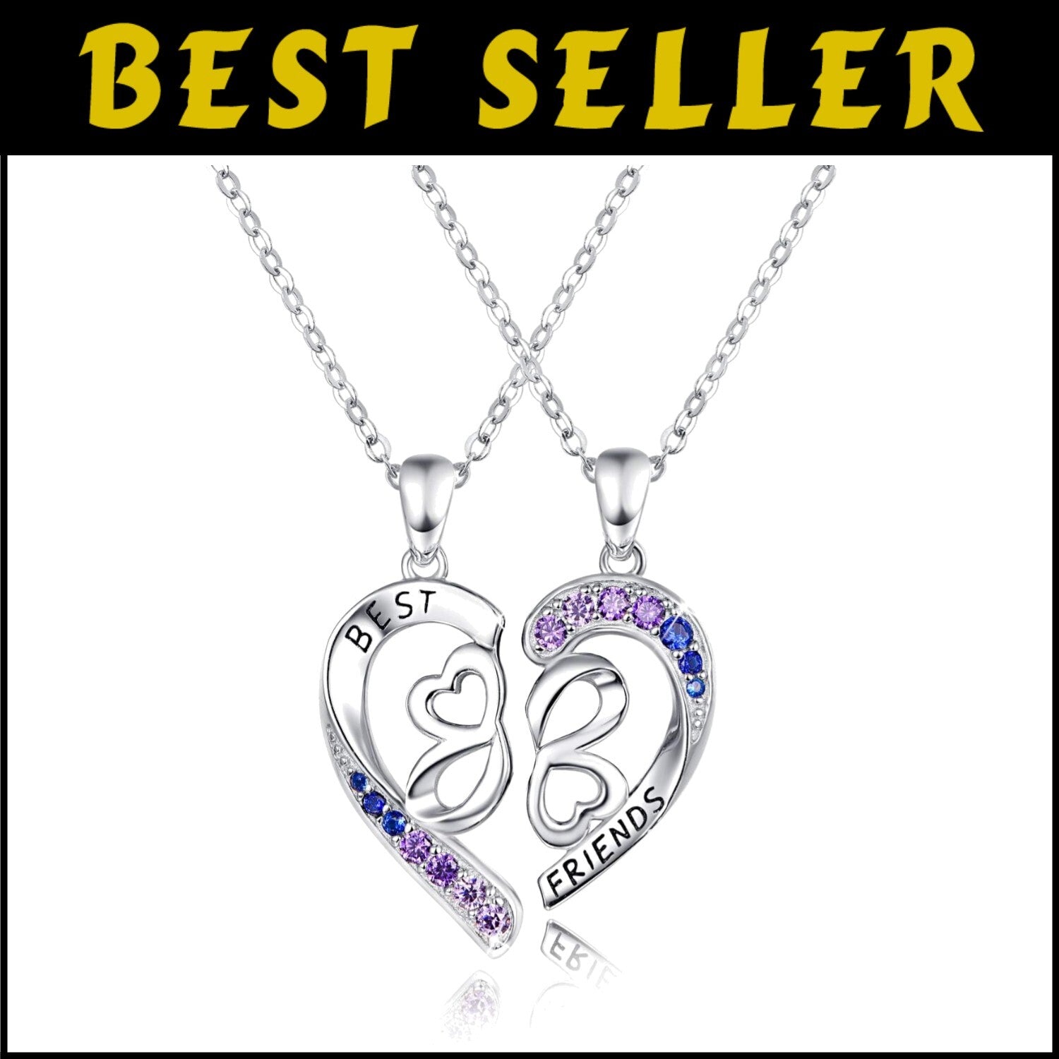 Charming Best Friend Necklaces in Sterling Silver with Heart and Gemstone Detail