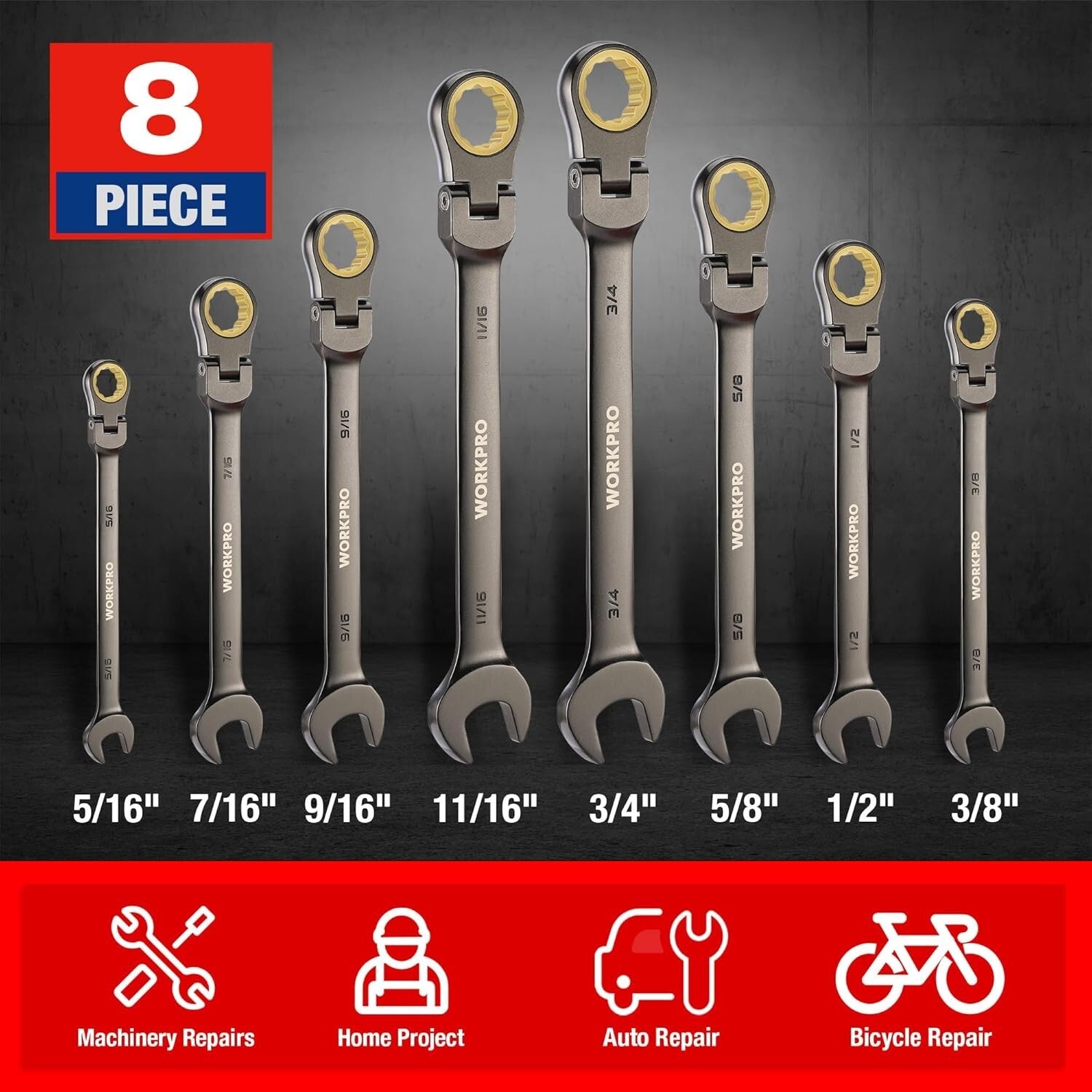 8-Piece Flex-Head Ratcheting Wrench Set with 72 Teeth - SAE Sizes, Durable CR-V